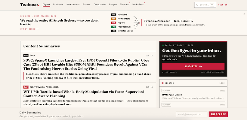 startuptile Teahose-Daily AI-written summaries of the best AI podcasts, newsletters & papers — plus the companies, people & themes they surface.