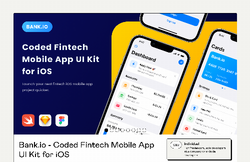 startuptile Bank.io-Coded fintech mobile app UI kit for iOS 16.