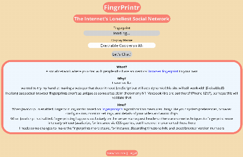 startuptile FingrPrintr – Chat with others sharing your browser fingerprint-