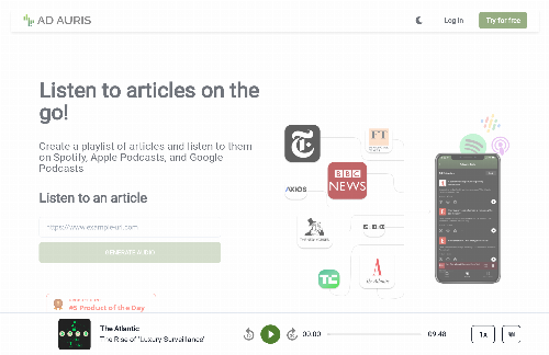 startuptile Ad Auris Play. Turn articles into audio and listen on Spotify-