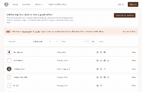 startuptile petakopi.my-Discover freshly brewed coffee shops around you