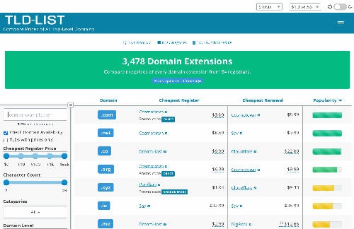 startuptile TLD-List-Domain price comparison of 50+ registrars