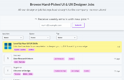 startuptile UI & UX Designer Jobs Board-A recruiter-free job board for UI UX & UXR jobs