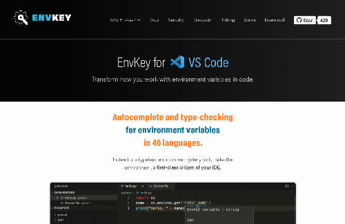 startuptile Envkey-VSCode – Autocomplete/type-checking for env vars in 46 languages-